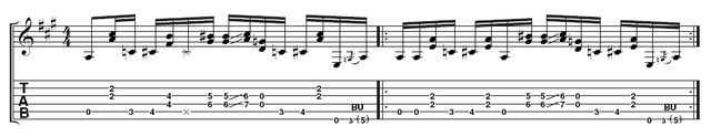 Albert Lee on rhythm guitar Example 2: Jerry Reed style rhythm - Albert adds more doublestop ideas to the A chord idea here. A blues/country feel is created by the use of the C natural and chromatic passing chord that slides up.